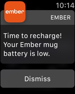 Apple Watch screen shot of Ember Mug recharge notification.