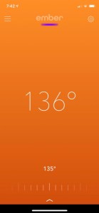 Screen shot of the iOS app showing current mug temperature of 136°.