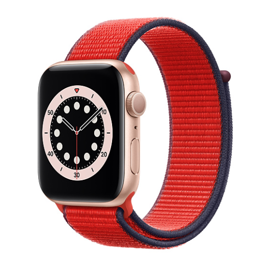 Apple Watch Series 6 gold aluminum with product red sport loop band.