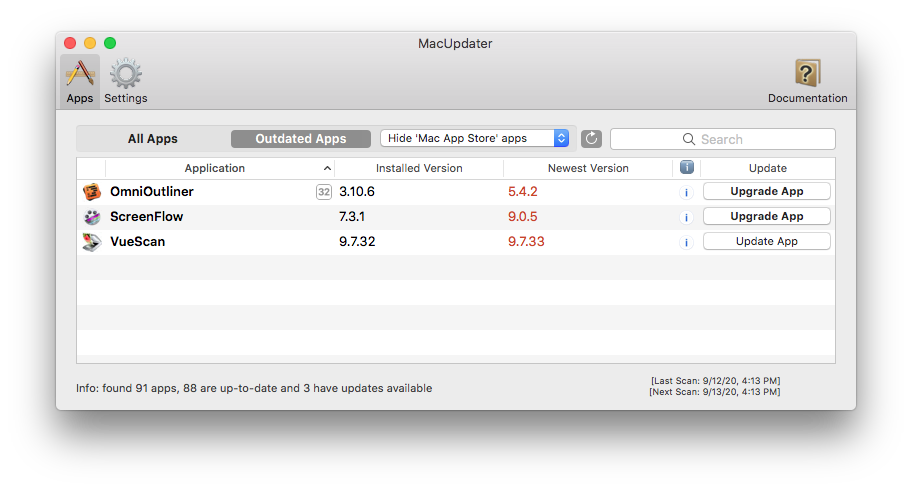 Screen shot of the MacUpdater app window after scanning the internal drive for apps that need updating.
