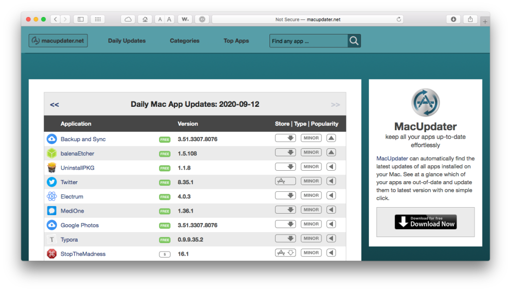 Screen shot of the MacUpdater.net website in Safari for macOS.