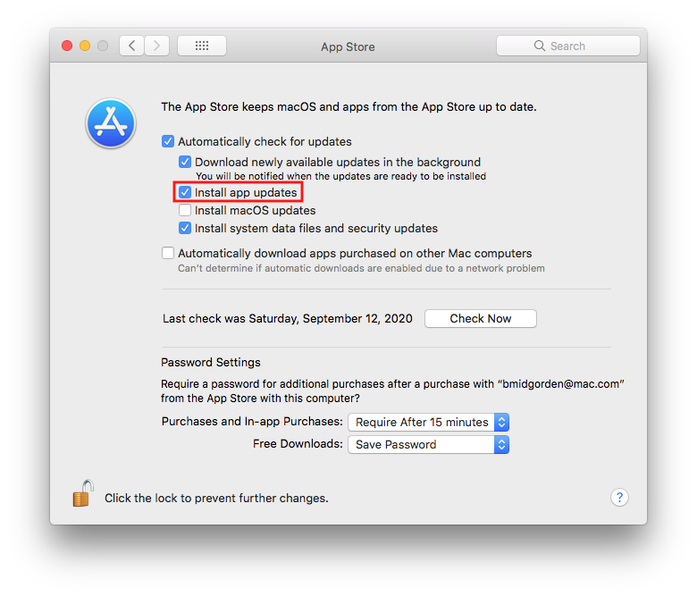 Screen shot of the App Store preference pane in System Preferences for macOS.