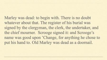 The first paragraph of A Christmas Carol by Charles Dickens set in Times New Roman showing proportional type.